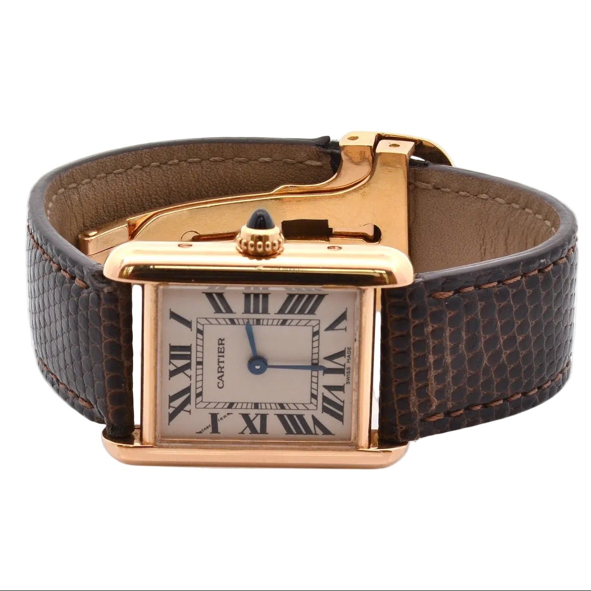 Montre CARTIER "Tank Louis Cartier" en or rose, cuir, plexi et quartz - Castafiore