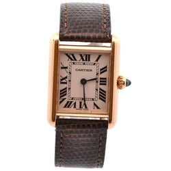 Montre CARTIER "Tank Louis Cartier" en or rose, cuir, plexi et quartz - Castafiore