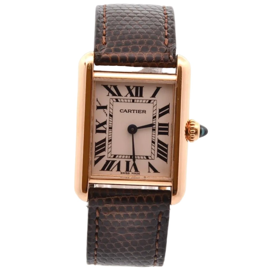 Montre CARTIER "Tank Louis Cartier" en or rose, cuir, plexi et quartz - Castafiore