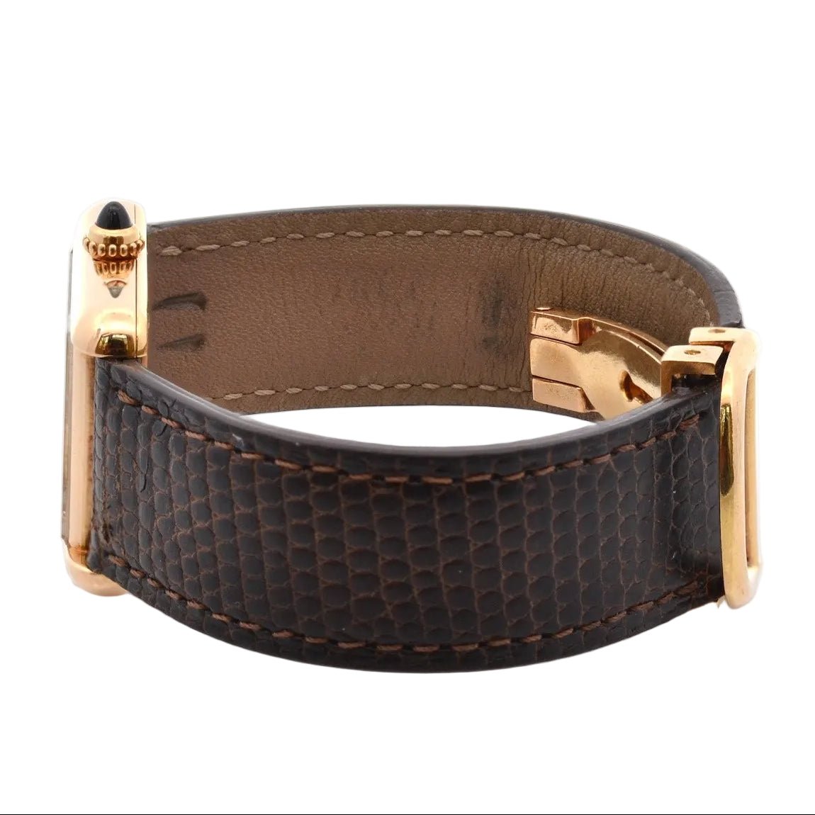 Montre CARTIER "Tank Louis Cartier" en or rose, cuir, plexi et quartz - Castafiore