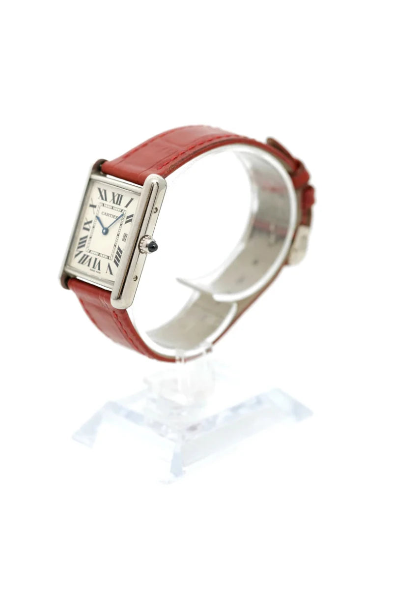 Montre CARTIER "Tank Louis" en or blanc, saphir et cuir - Castafiore