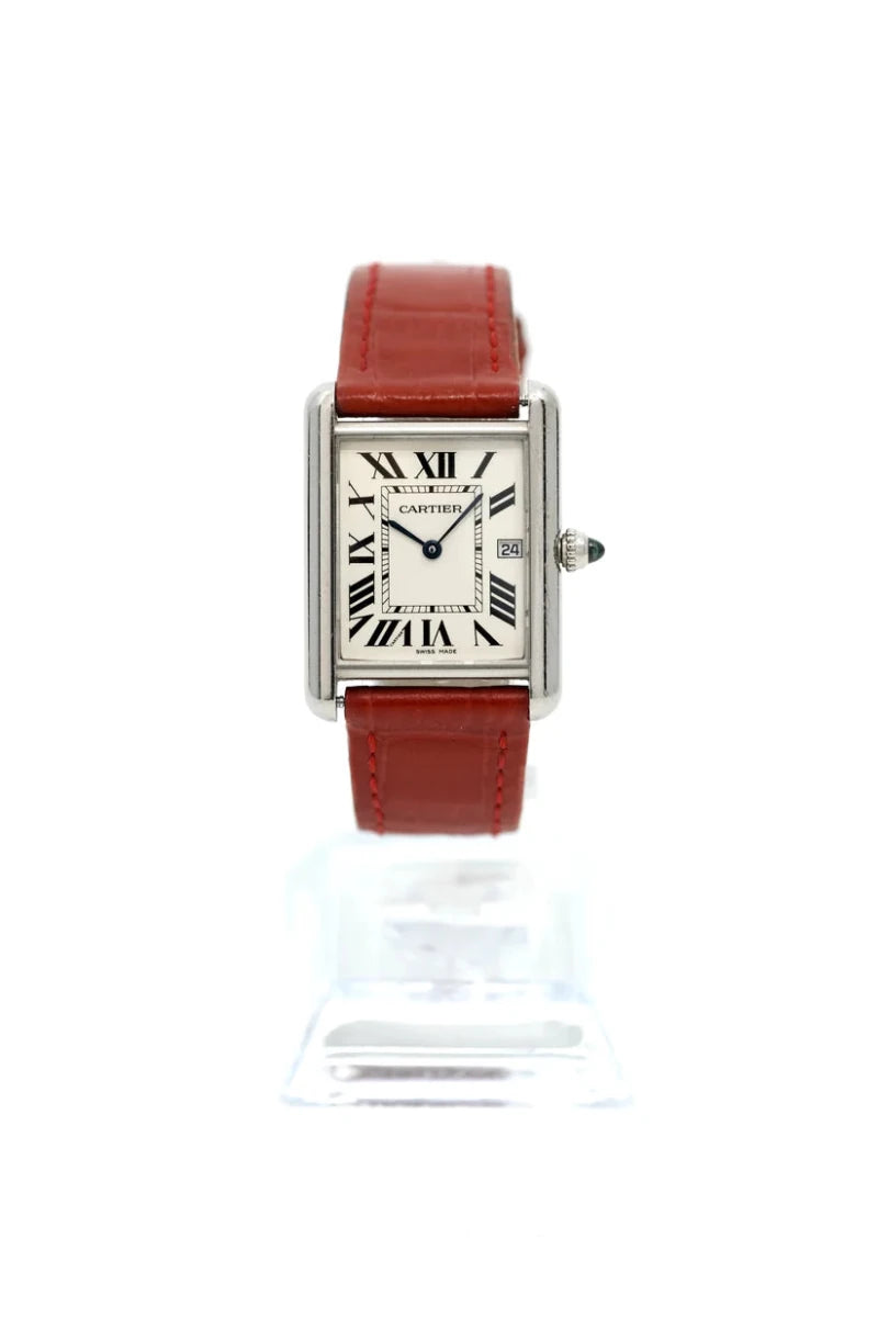 Montre CARTIER "Tank Louis" en or blanc, saphir et cuir - Castafiore
