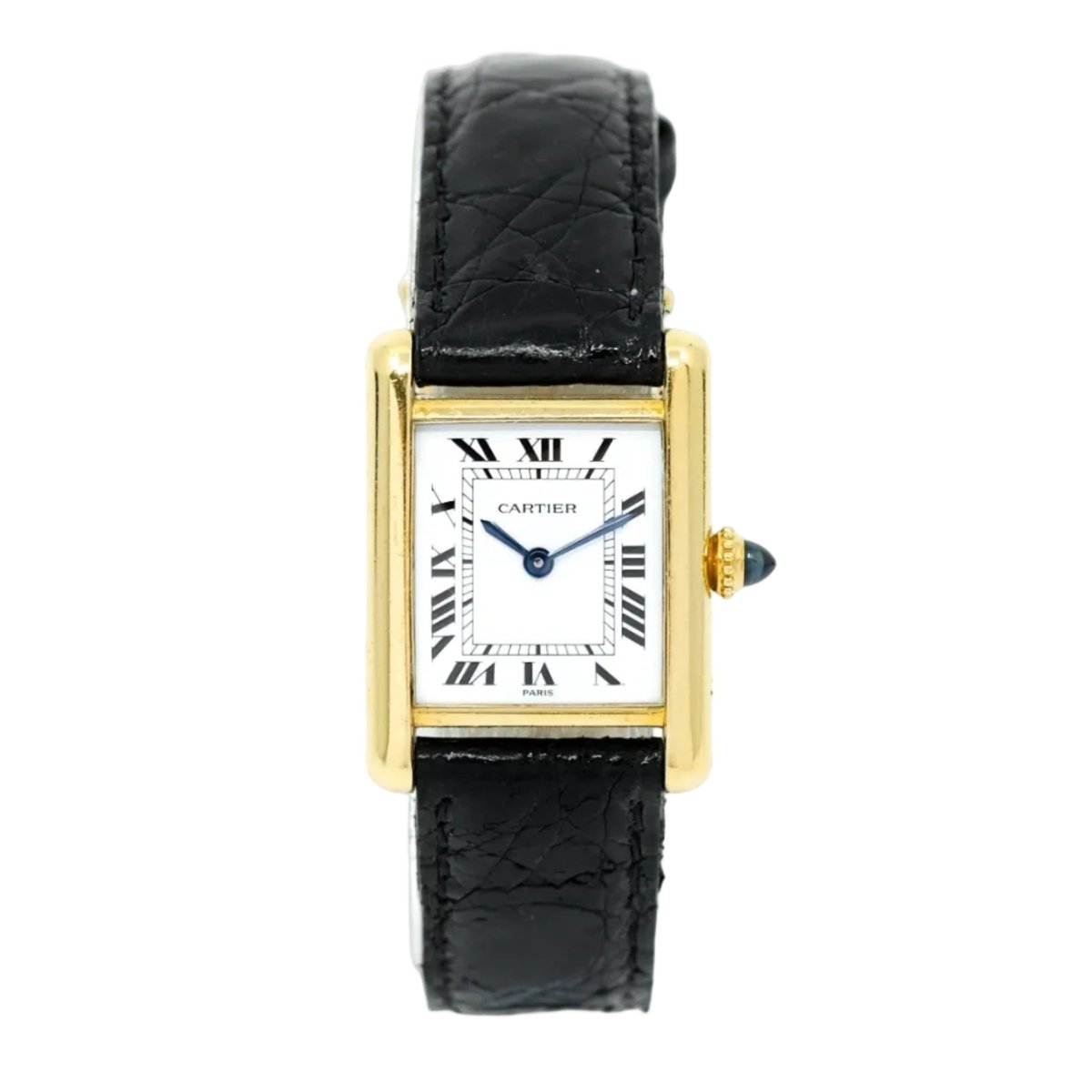 Montre CARTIER "Tank Louis" en or jaune, cuir et saphir - Castafiore