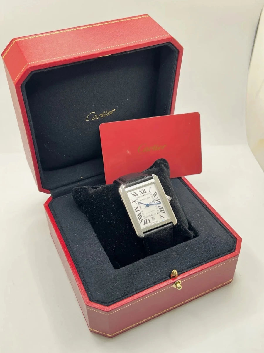 Montre CARTIER "Tank Solo XL" en acier et cuir - Castafiore