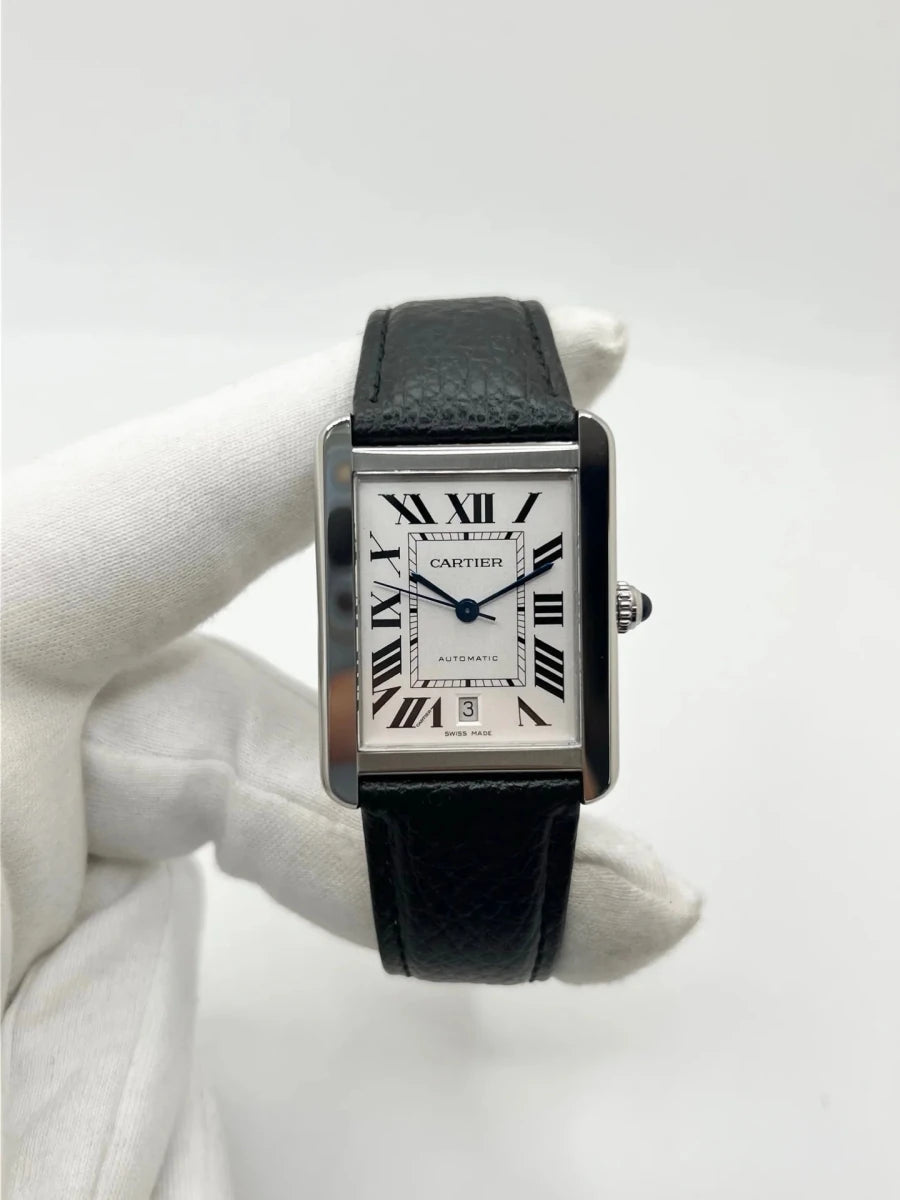 Montre CARTIER "Tank Solo XL" en acier et cuir - Castafiore
