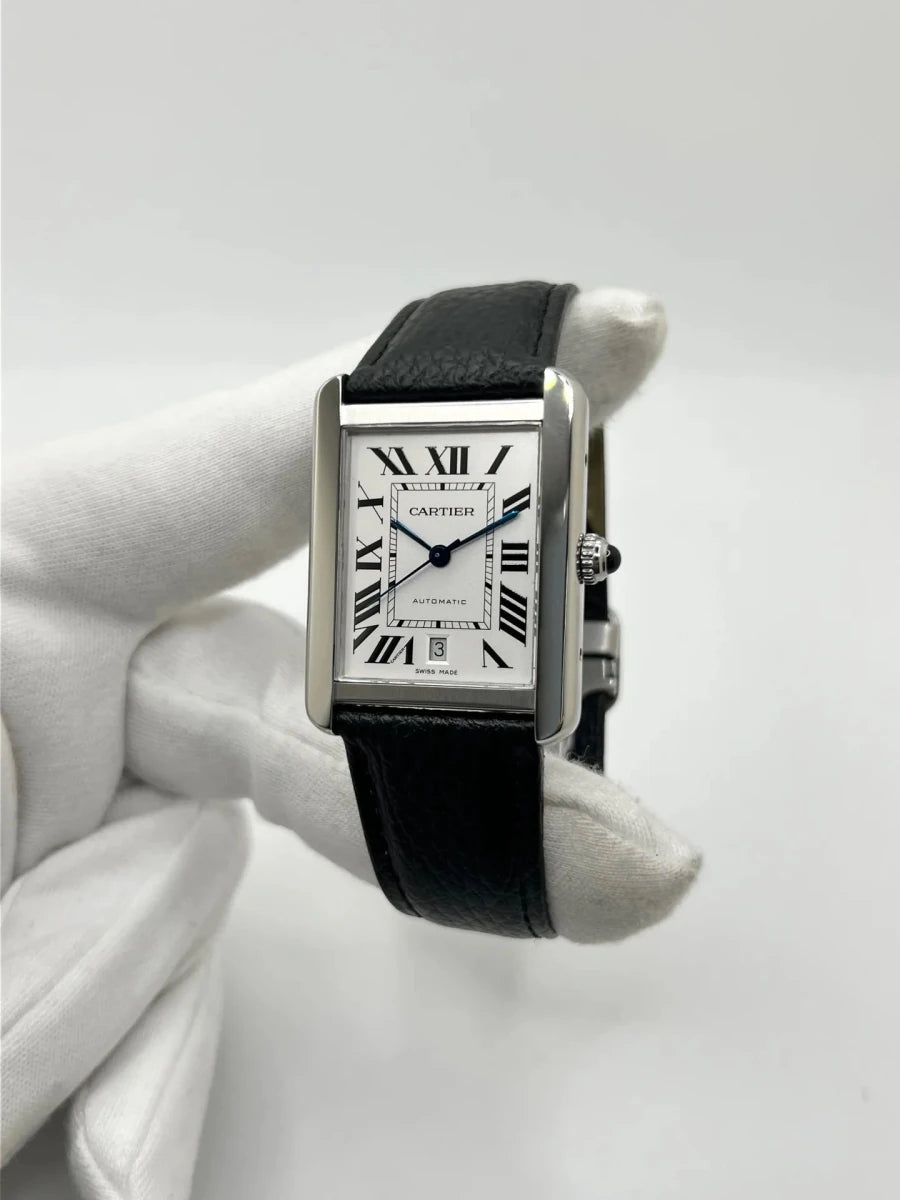 Montre CARTIER "Tank Solo XL" en acier et cuir - Castafiore