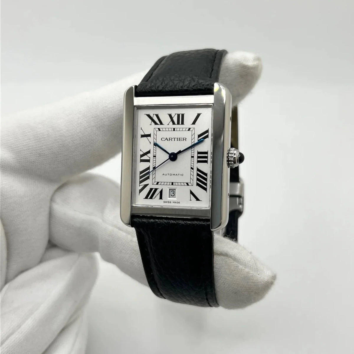 Montre CARTIER "Tank Solo XL" en acier et cuir - Castafiore