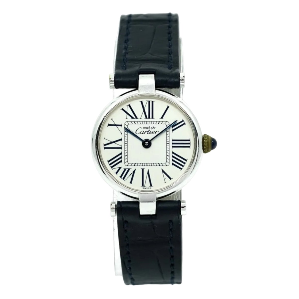 Montre CARTIER "Vendôme Must" en argent, cuir, quartz et saphir - Castafiore