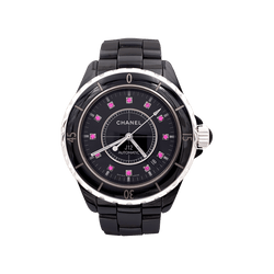 Montre Chanel, "J12", céramique noire, rubis, acier. - Castafiore