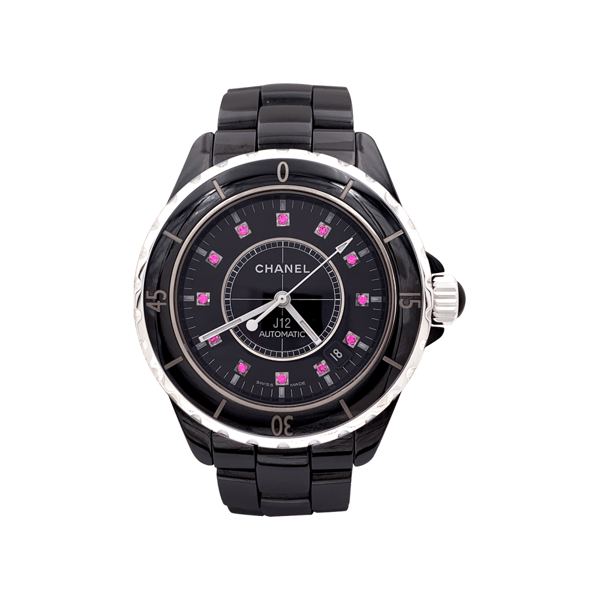 Montre Chanel, "J12", céramique noire, rubis, acier. - Castafiore