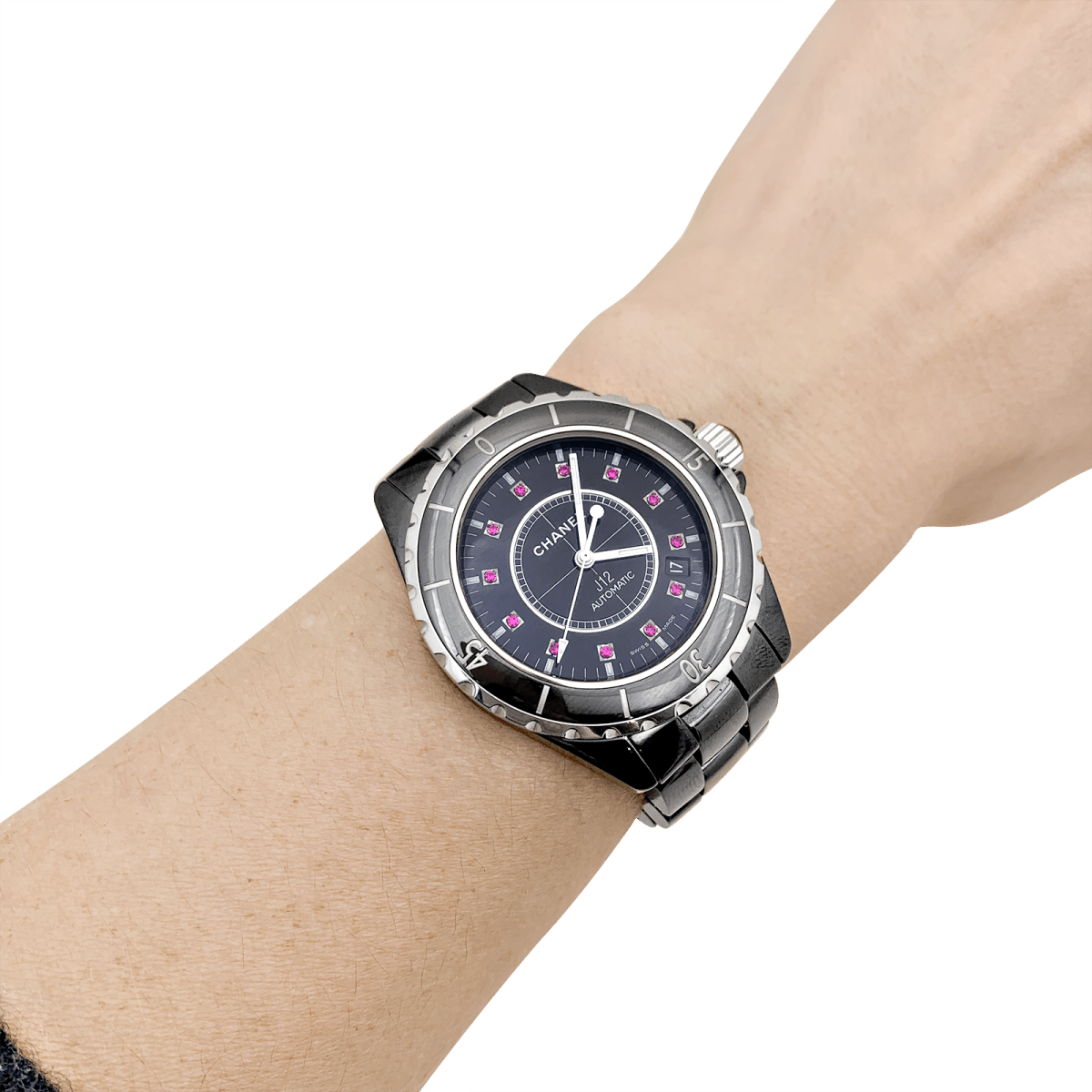 Montre Chanel, "J12", céramique noire, rubis, acier. - Castafiore