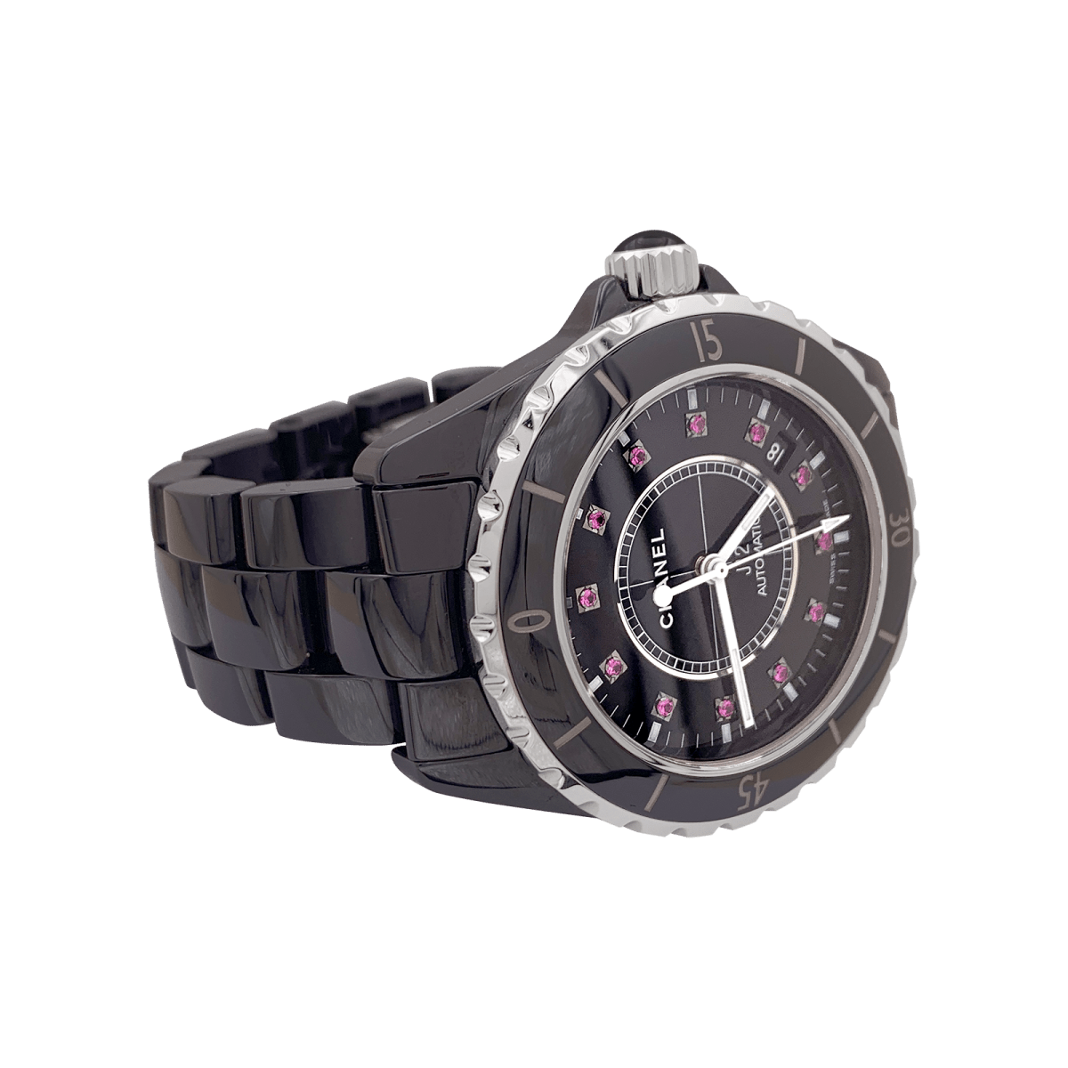 Montre Chanel, "J12", céramique noire, rubis, acier. - Castafiore