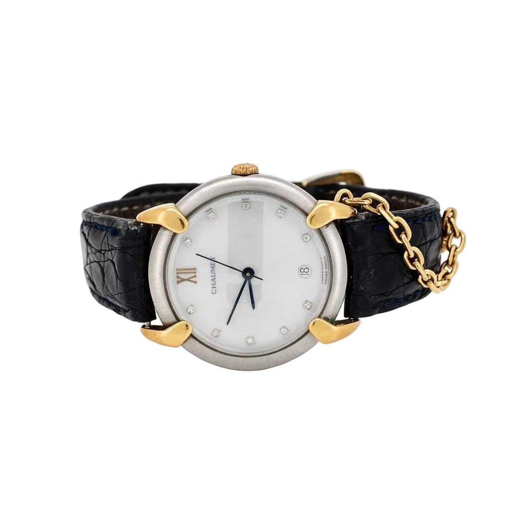 Montre CHAUMET "Elysée" GM en or jaune, acier, cuir et diamants - Castafiore