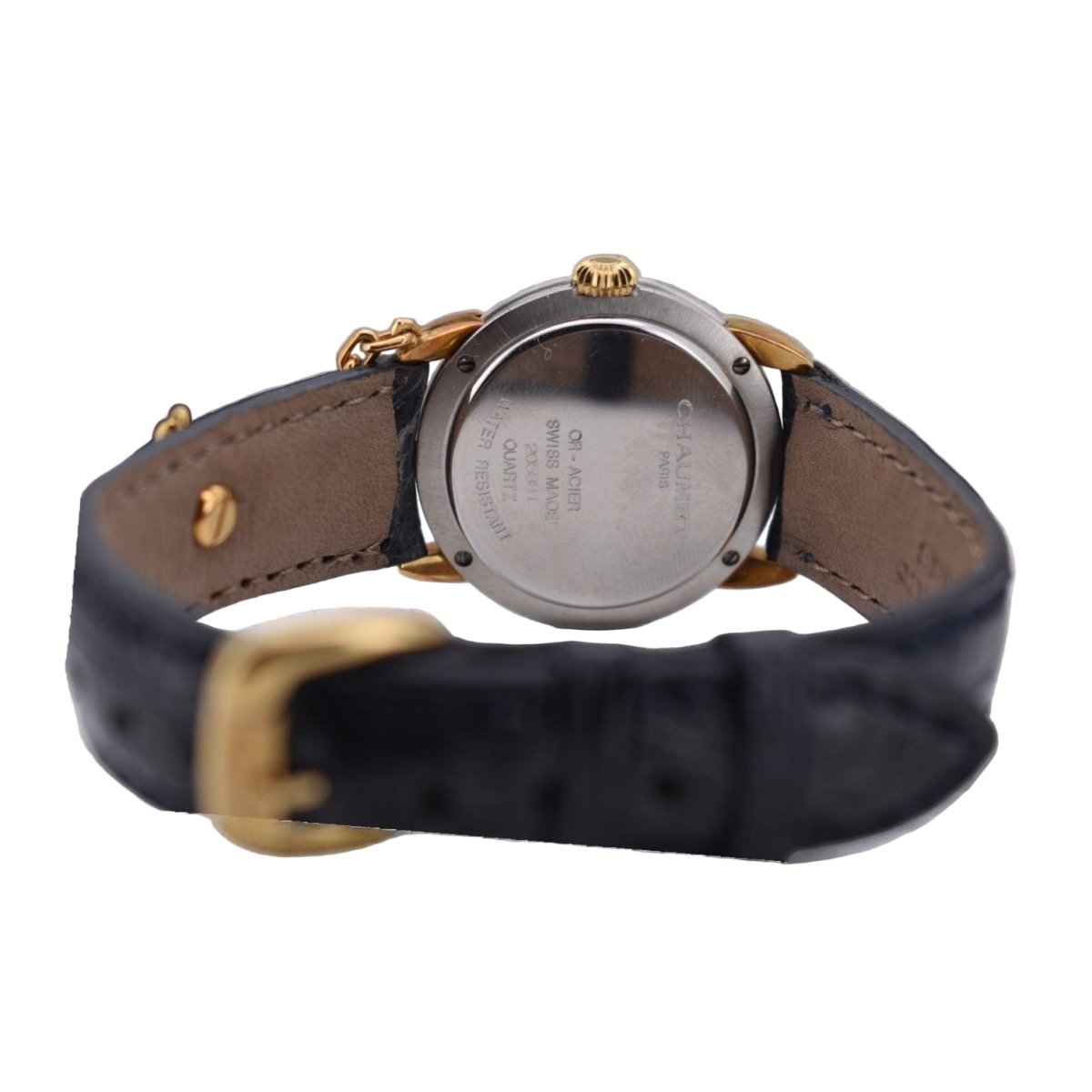 Montre CHAUMET "Élysées" en or jaune, acier, cuir, quartz et diamant - Castafiore