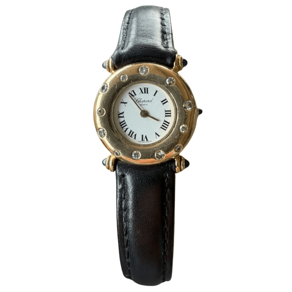 Montre CHOPARD "Classic" en or jaune, cuir, saphir et diamants - Castafiore