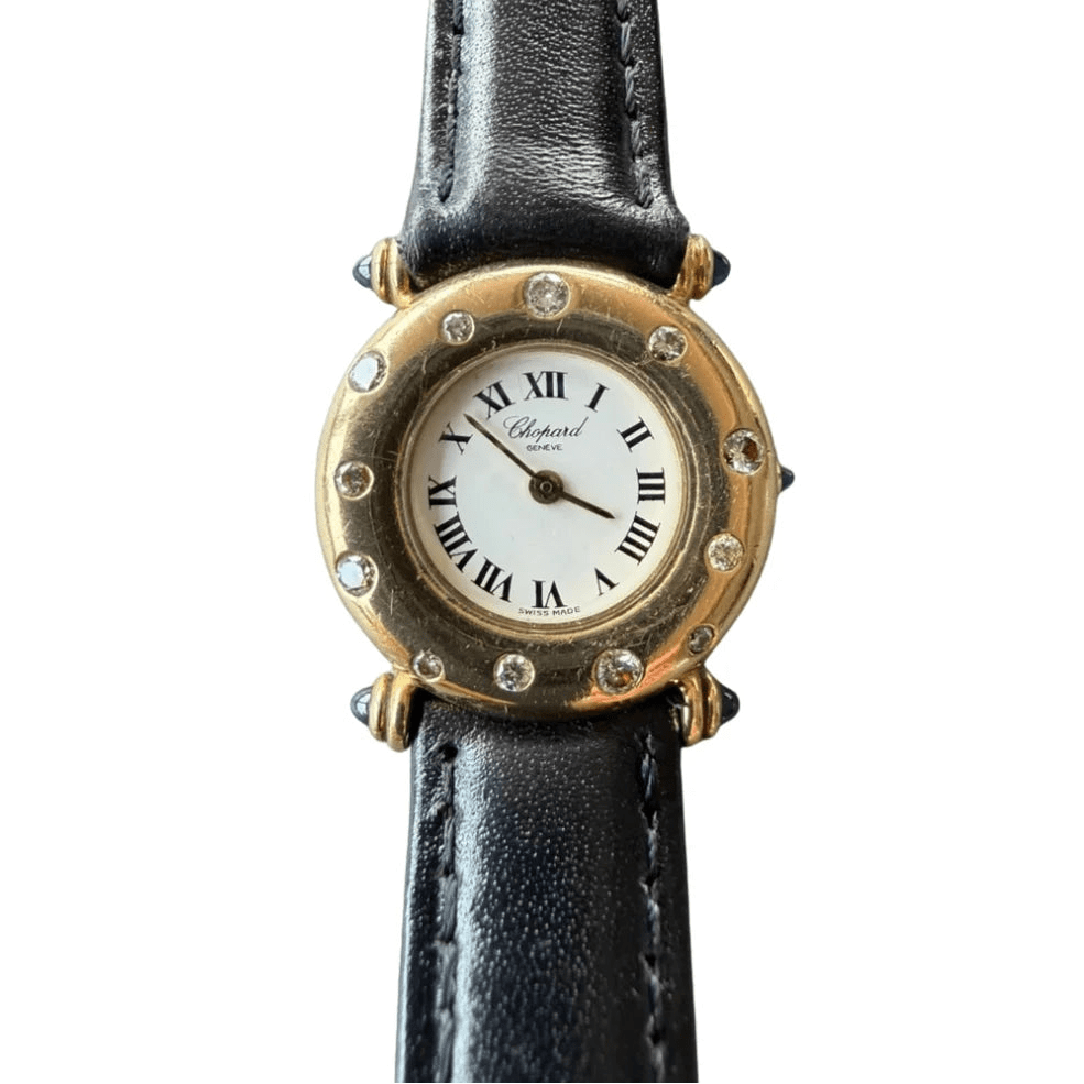 Montre CHOPARD "Classic" en or jaune, cuir, saphir et diamants - Castafiore