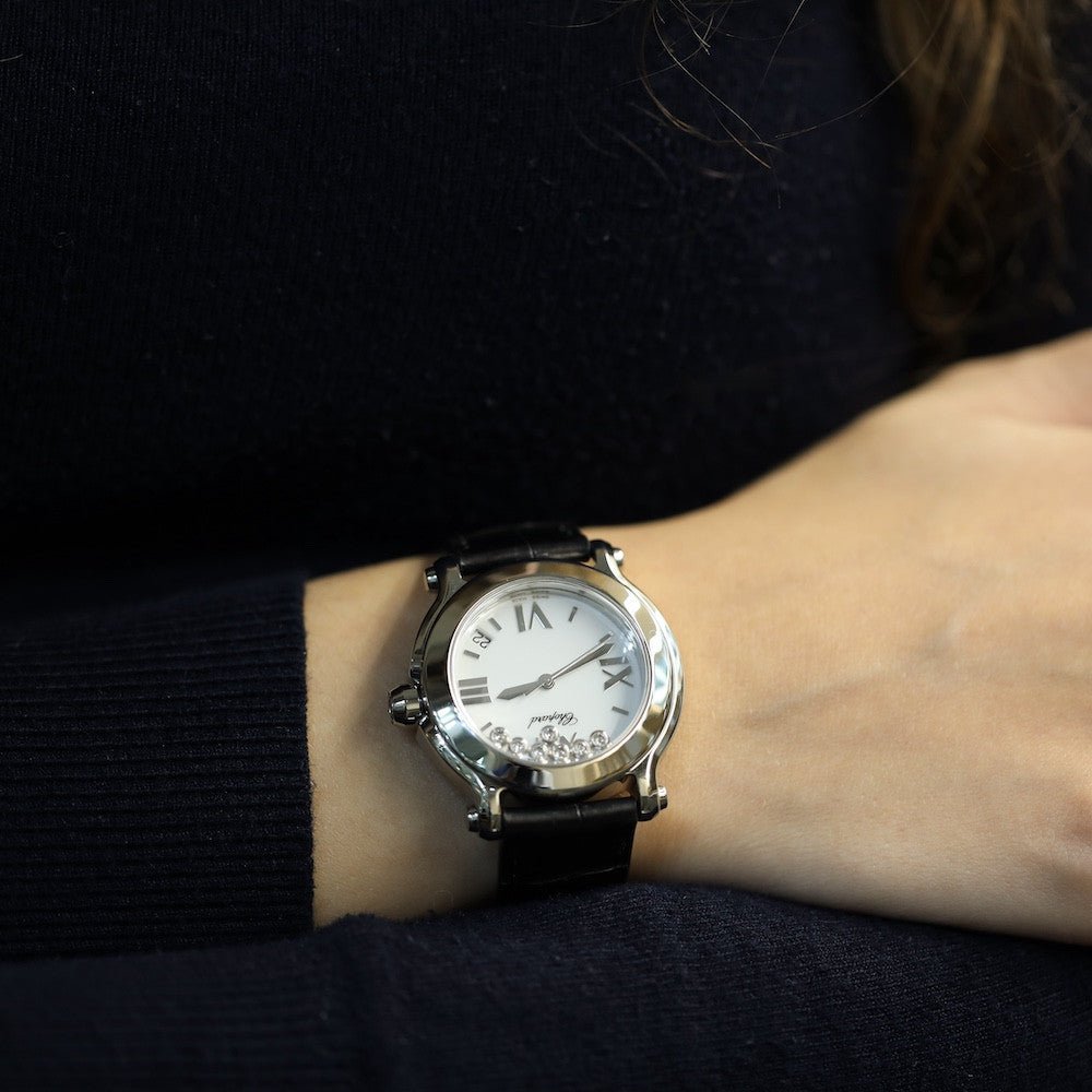 Montre Chopard Happy Sport 36 mm Quartz diamants. Ref : 27/8475 - 3001 de 2011. Boite et papiers d'origine. - Castafiore