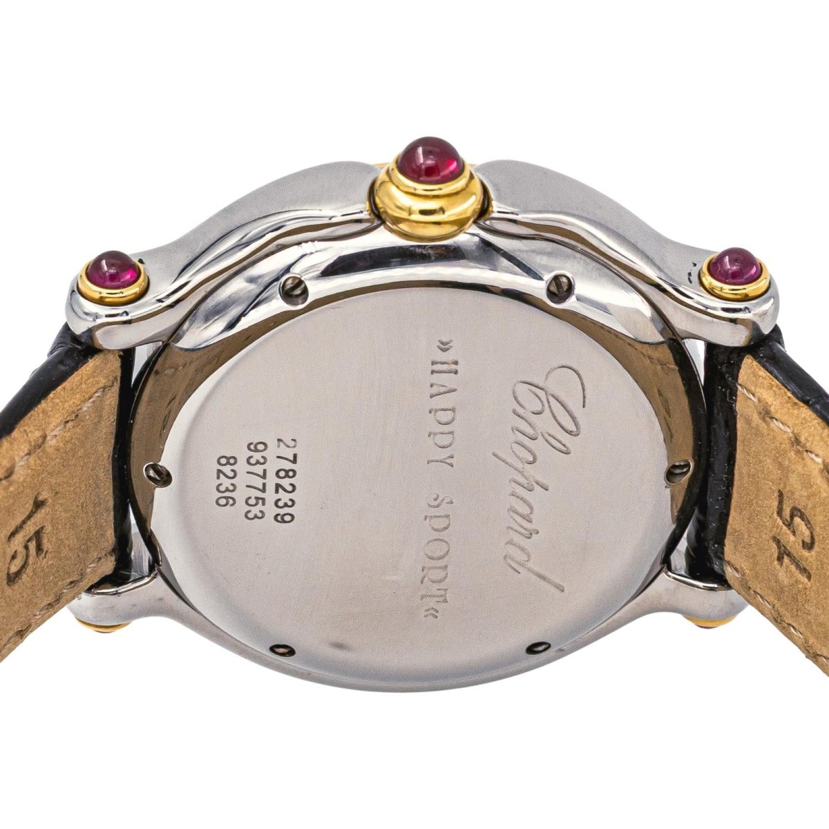 Montre CHOPARD "Happy Sport" en or jaune, acier, nacre, cuir, rubis, émeraudes, saphir et diamants - Castafiore