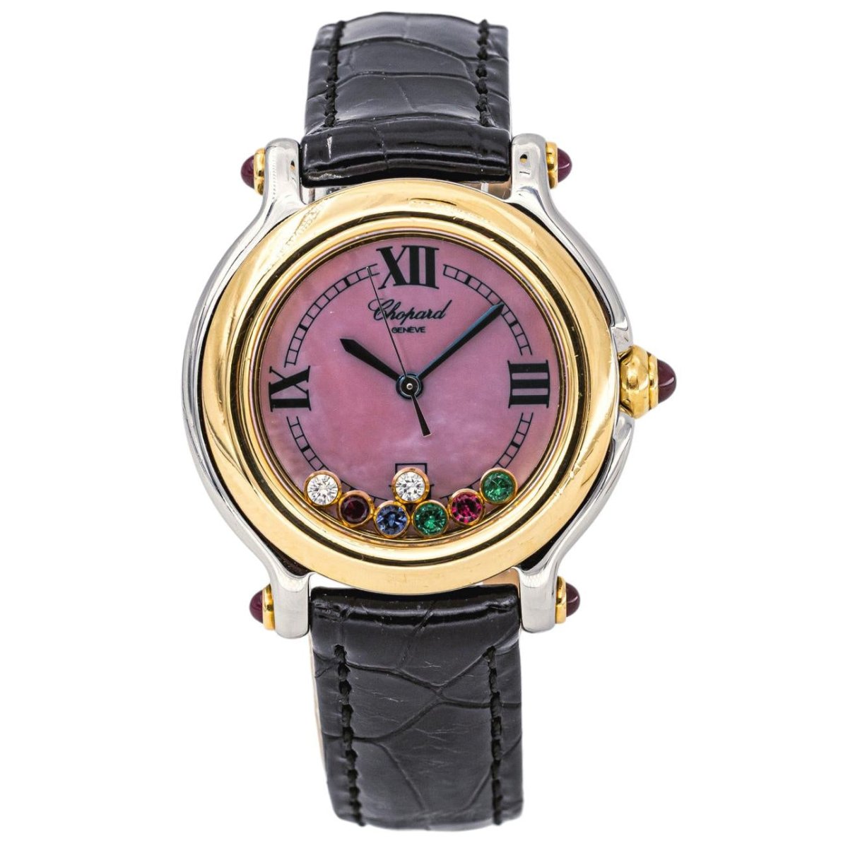 Montre CHOPARD "Happy Sport" en or jaune, acier, nacre, cuir, rubis, émeraudes, saphir et diamants - Castafiore