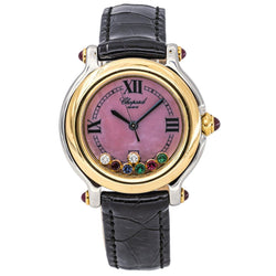 Montre CHOPARD "Happy Sport" en or jaune, acier, nacre, cuir, rubis, émeraudes, saphir et diamants - Castafiore