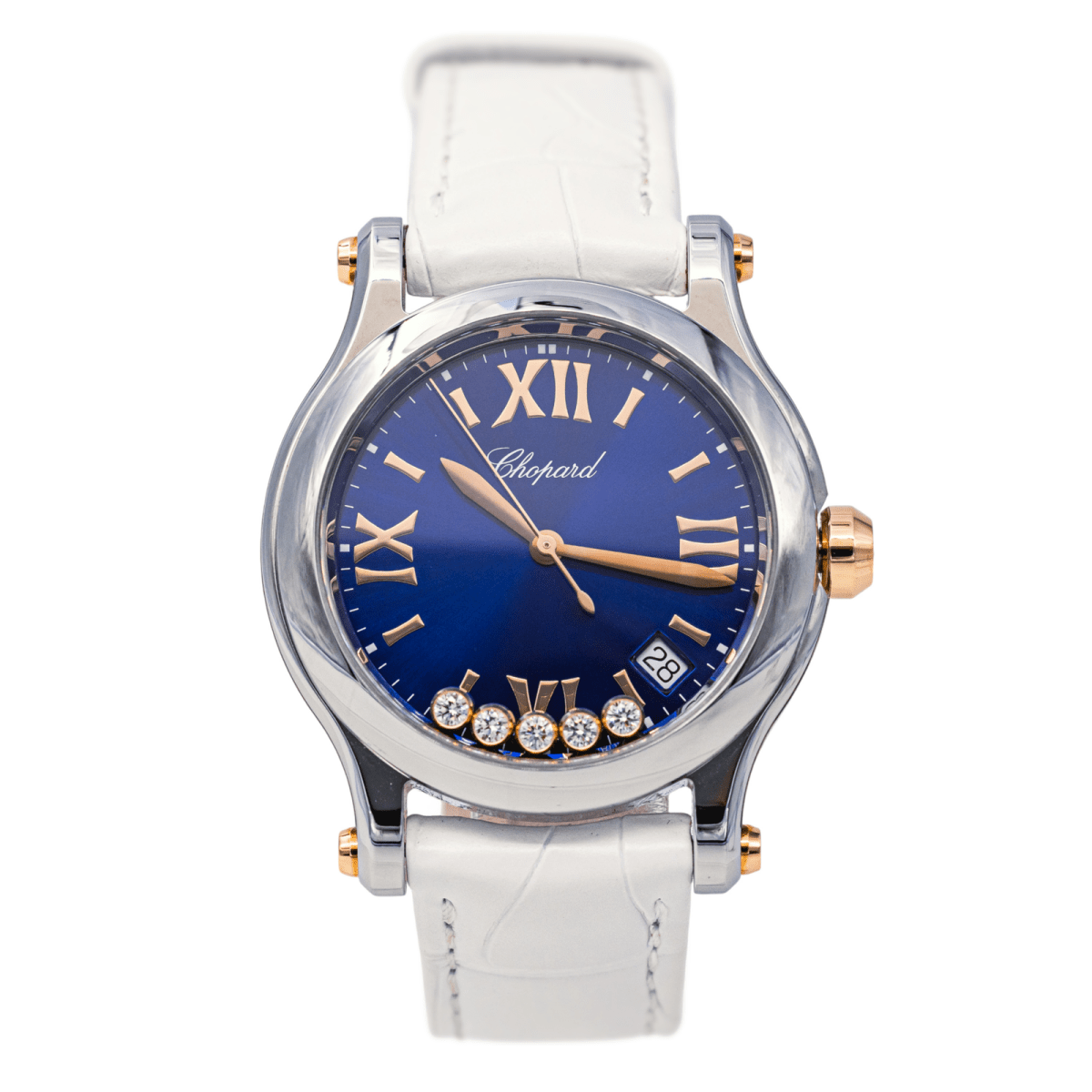 Montre CHOPARD "Happy Sport" en or rose, acier, saphir, cuir et diamants - Castafiore