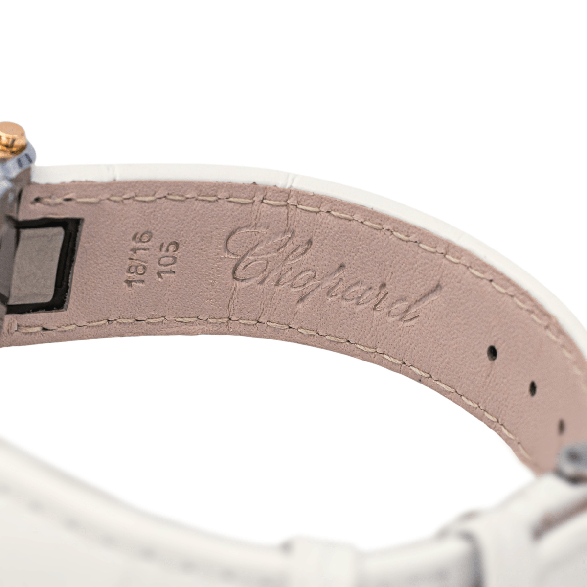 Montre CHOPARD "Happy Sport" en or rose, acier, saphir, cuir et diamants - Castafiore