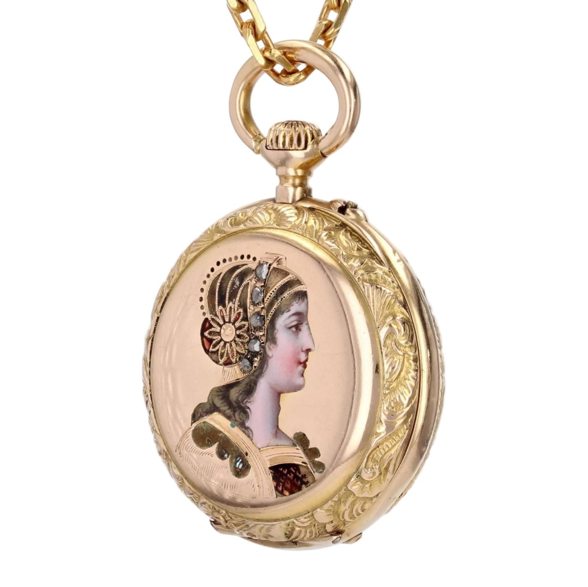 Montre de col en or jaune, émail et diamants - Castafiore