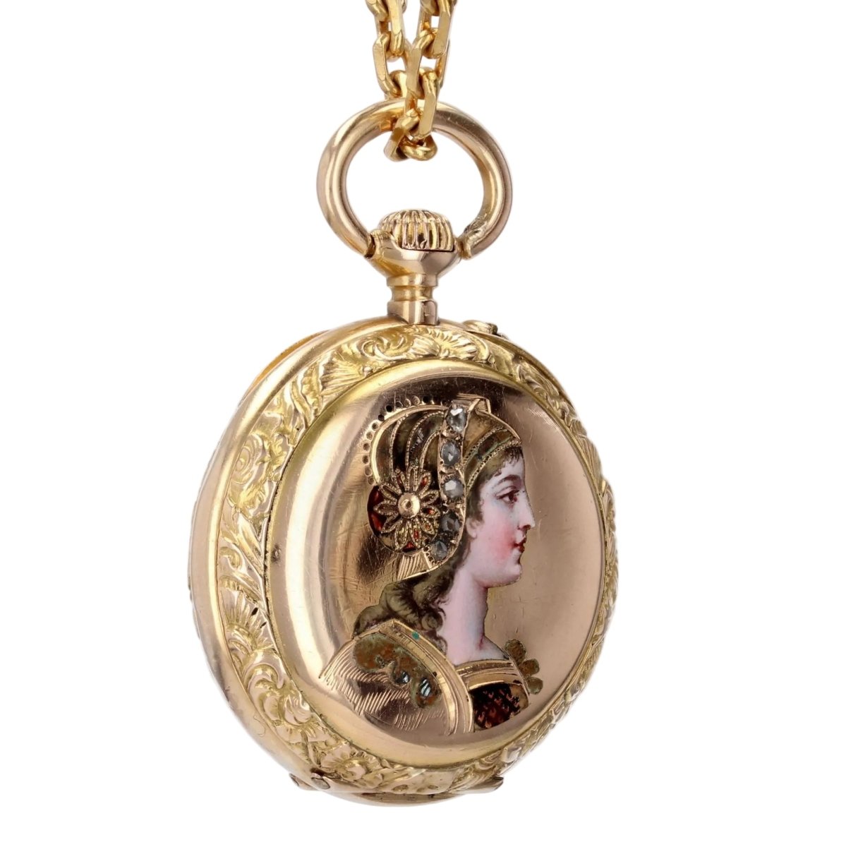 Montre de col en or jaune, émail et diamants - Castafiore