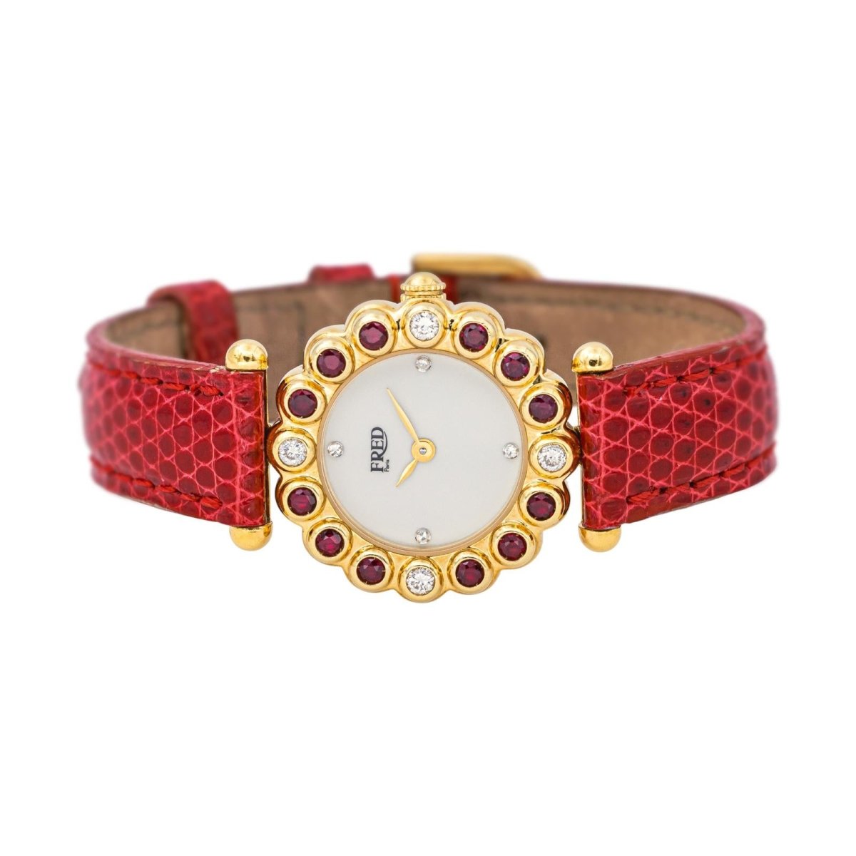 Montre FRED "Concerto" en or jaune, rubis, cuir, quartz et diamants - Castafiore