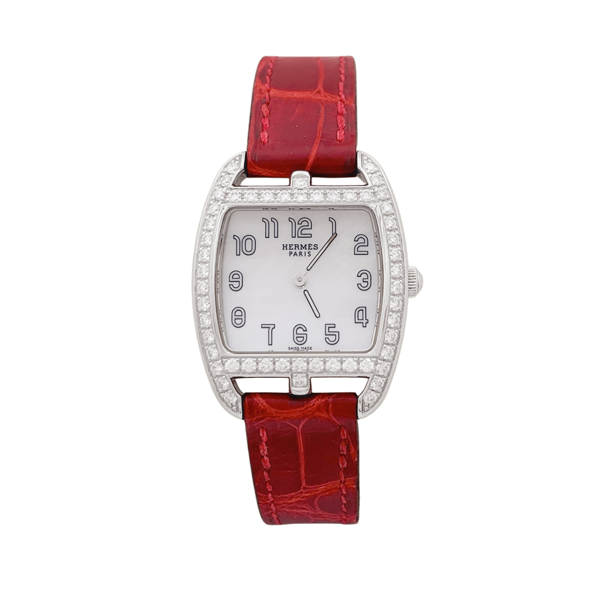 Montre Hermès, "Cape Cod Tonneau", en acier et diamants sur cuir. - Castafiore