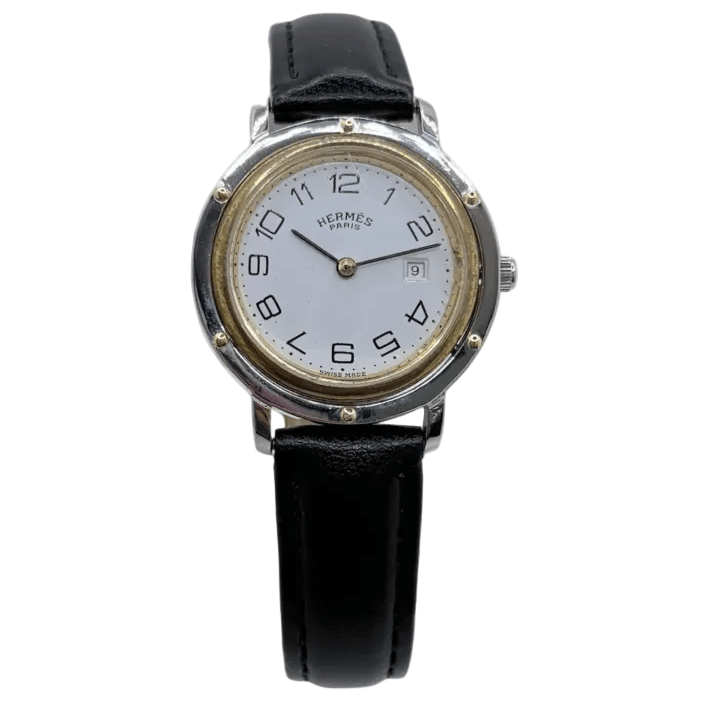 Montre HERMÈS "Clipper" en or jaune, acier et cuir - Castafiore