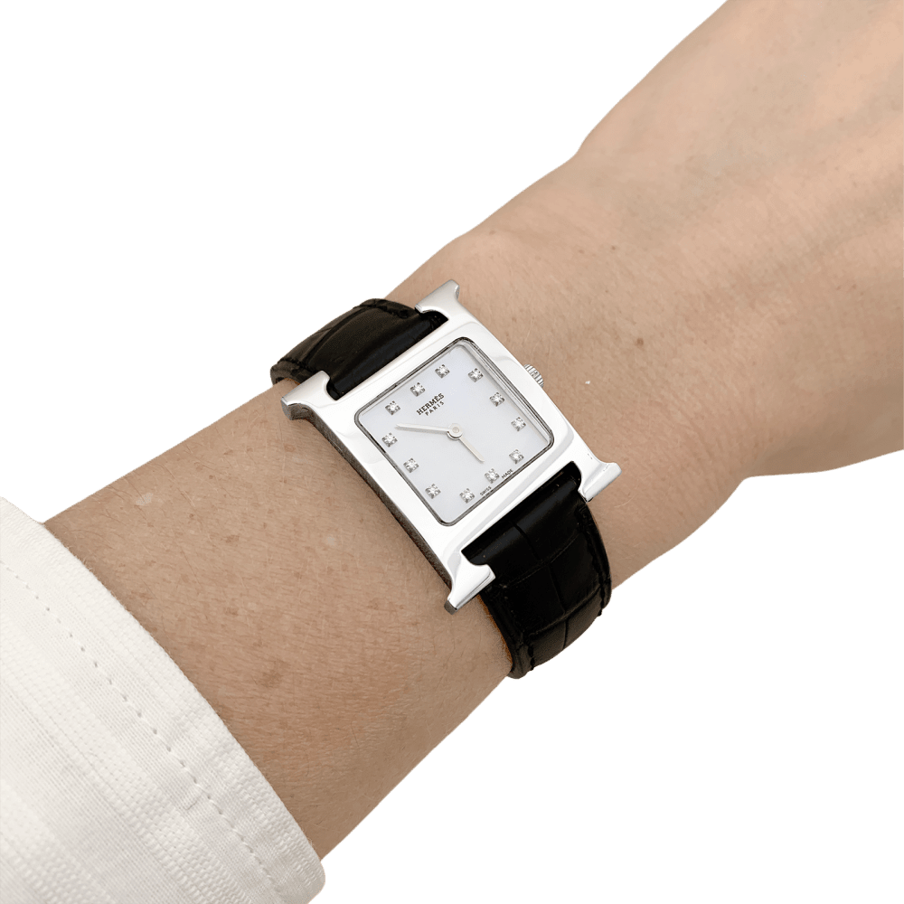 Watch Hermès woman, "Heure H", steel, mother-of-pearl and diamonds.
