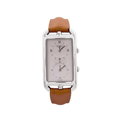 Montre HERMÈS "Nantucket Dual Time" en acier, argent, cuir et diamants - Castafiore