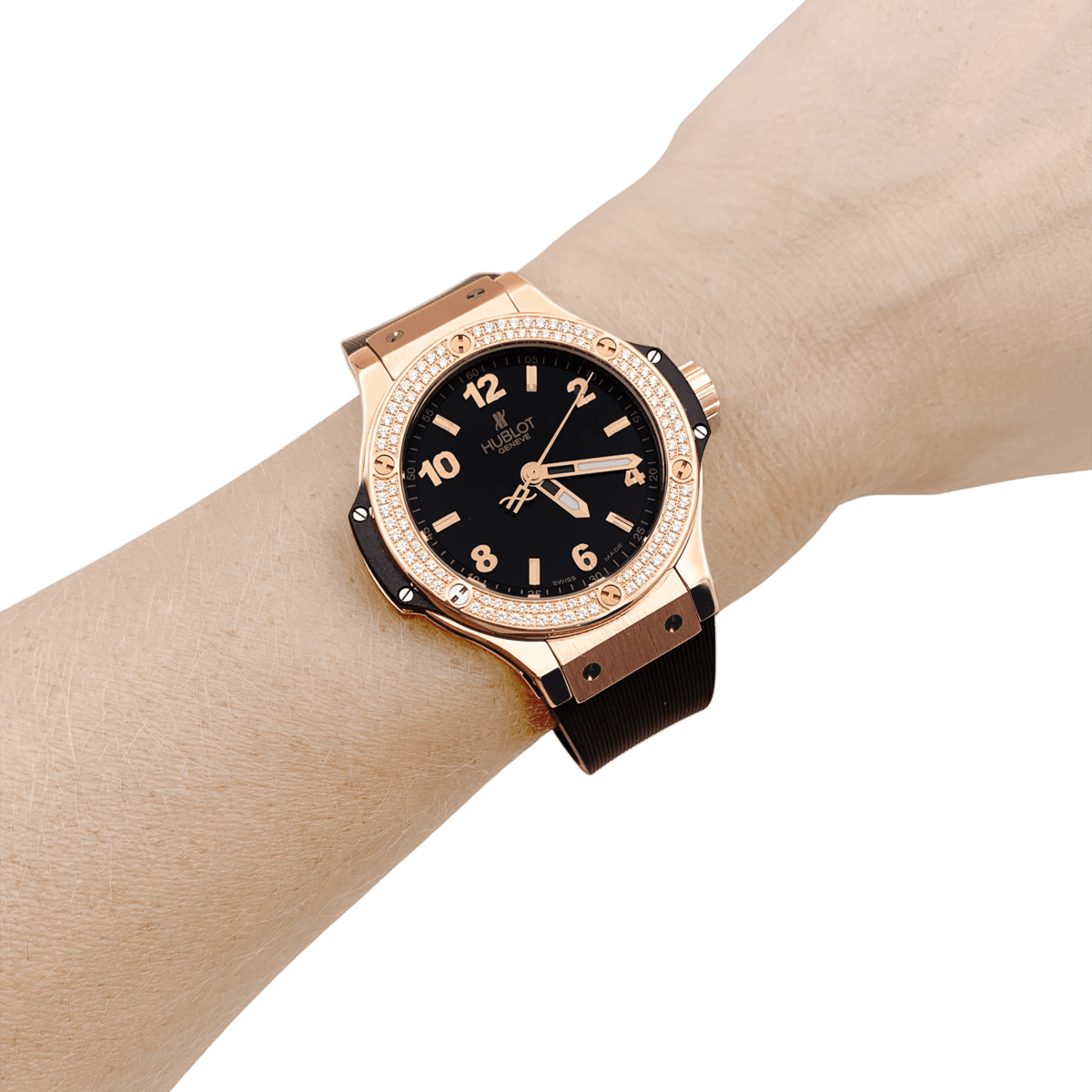 Montre HUBLOT "Big Bang Original Gold Diamonds" en or rose, acier, caoutchouc, titane et diamants - Castafiore