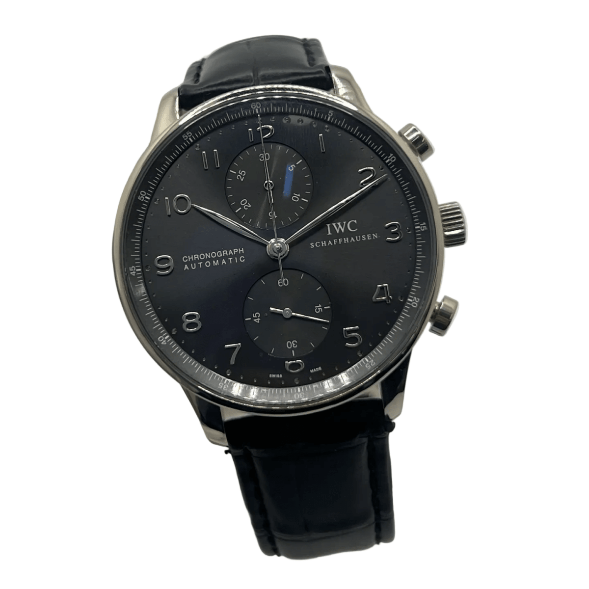 Montre IWC "Portuguese Chronograph" en or blanc, acier et cuir - Castafiore