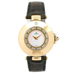Montre JAEGER-LECOULTRE en or jaune, nacre, cuir, émeraudes et diamants - Castafiore