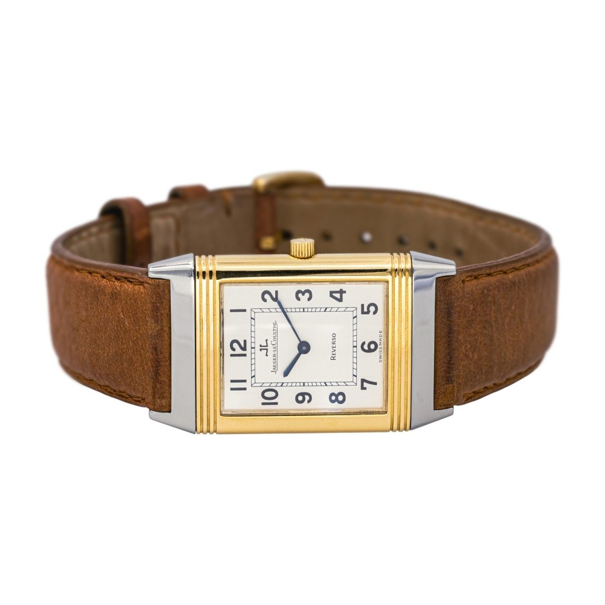 Montre JAEGER - LECOULTRE "Reverso Classique" en or jaune, argent, cuir et acier - Castafiore