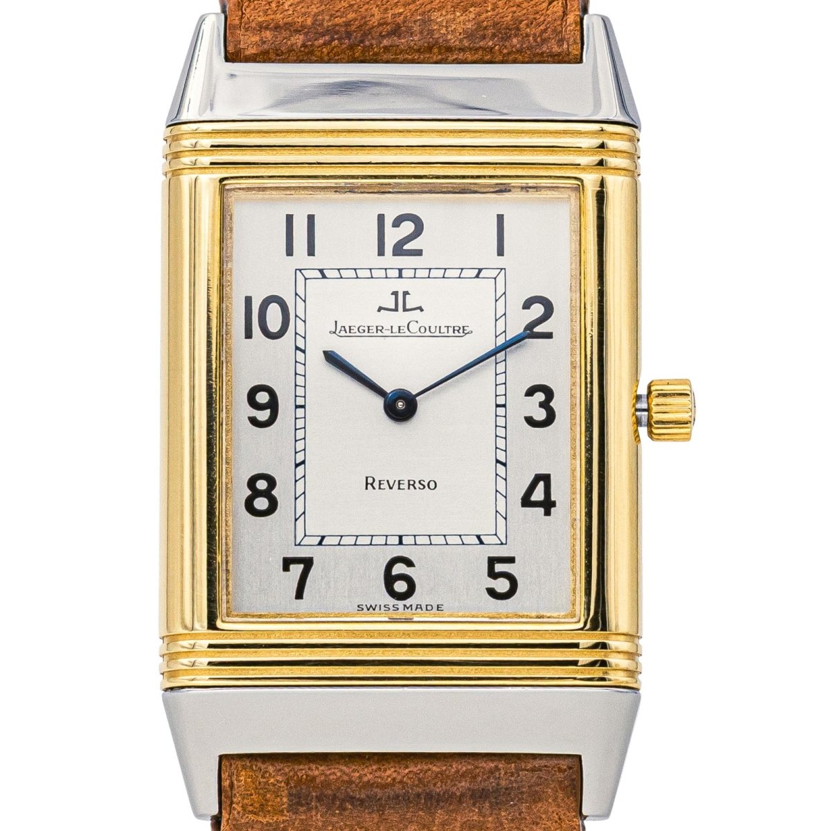 Montre JAEGER - LECOULTRE "Reverso Classique" en or jaune, argent, cuir et acier - Castafiore