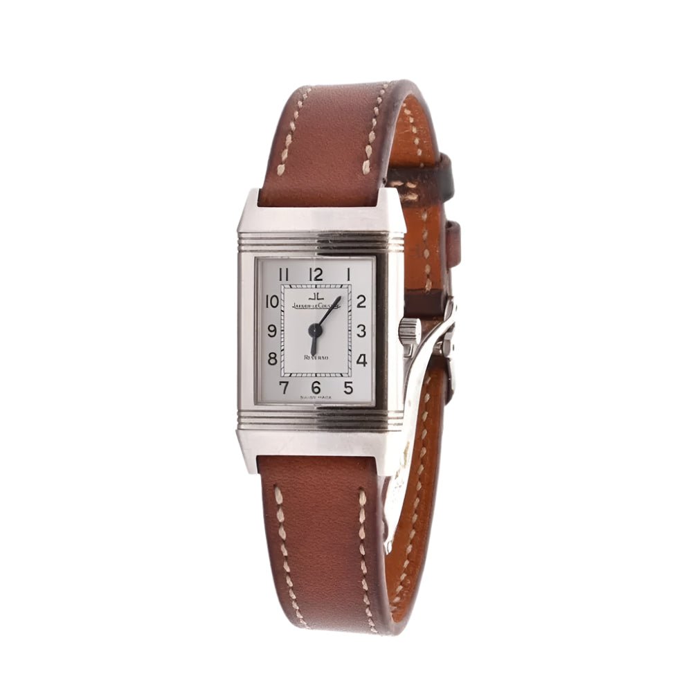 Montre JAEGER - LECOULTRE "Reverso" en acier, saphir et cuir marron - Castafiore