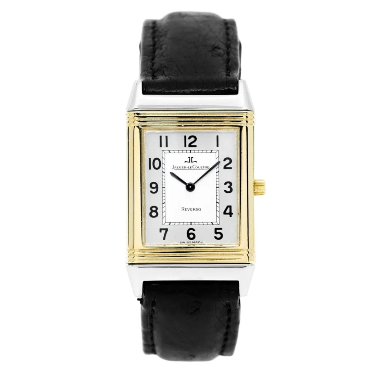 Montre JAEGER - LECOULTRE "Reverso" en or jaune, acier, cuir et quartz - Castafiore
