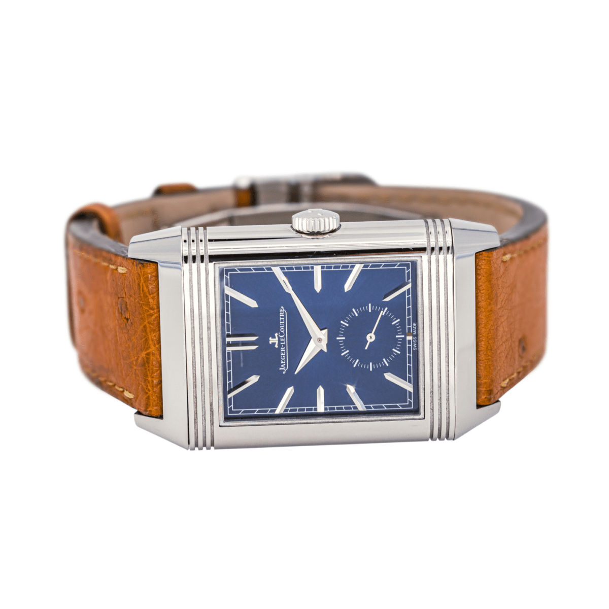 Montre JAEGER - LECOULTRE "Reverso Tribute Duoface" en acier, argent et cuir - Castafiore