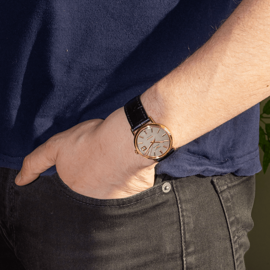 Montre LONGINES "Admiral" en or jaune, argent et cuir - Castafiore