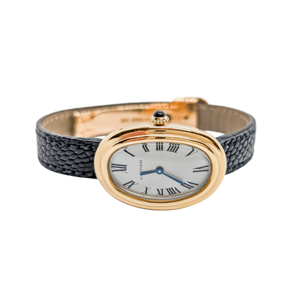 Montre Mécanique CARTIER "Baignoire" en or jaune, cuir et saphir - Castafiore