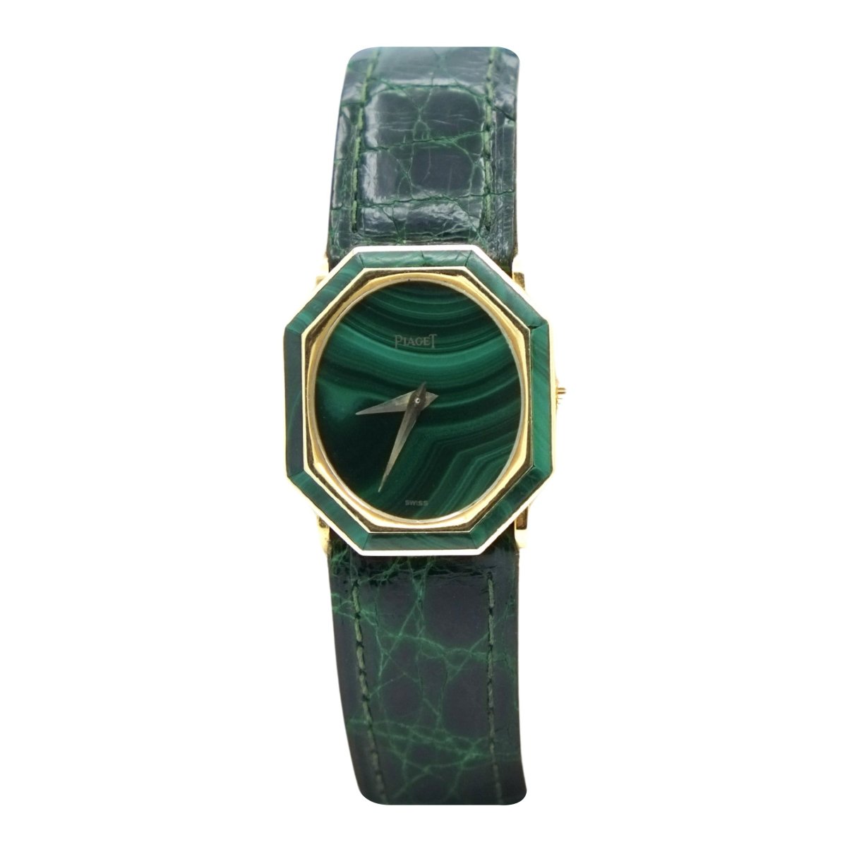 Montre octogonale PIAGET "9341" en or jaune, malachite et cuir - Castafiore