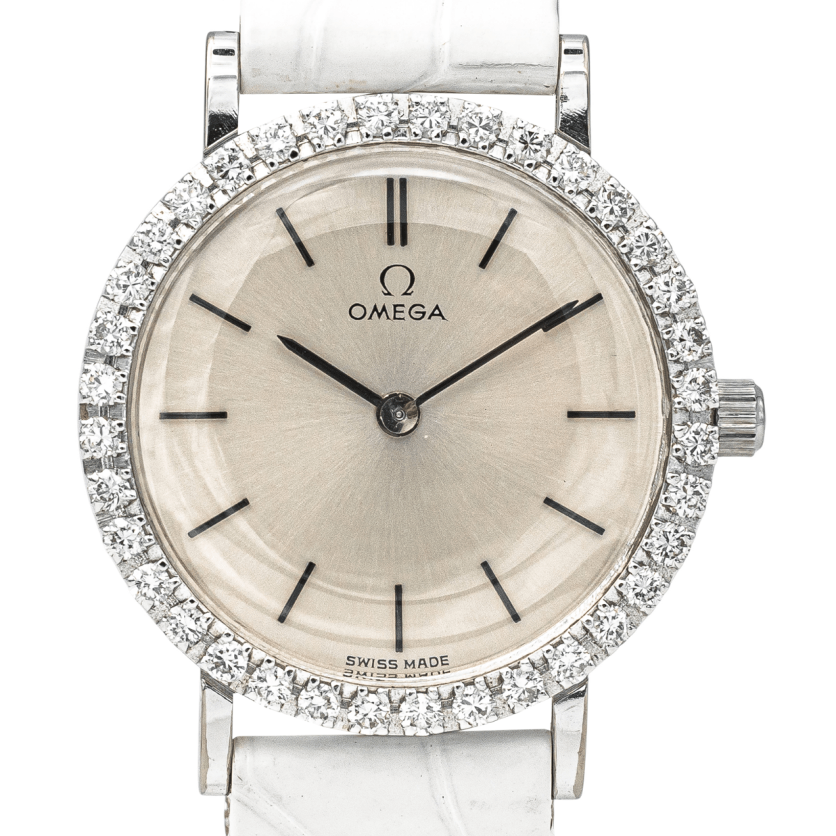Montre OMEGA en or blanc, acier, cuir et diamant - Castafiore