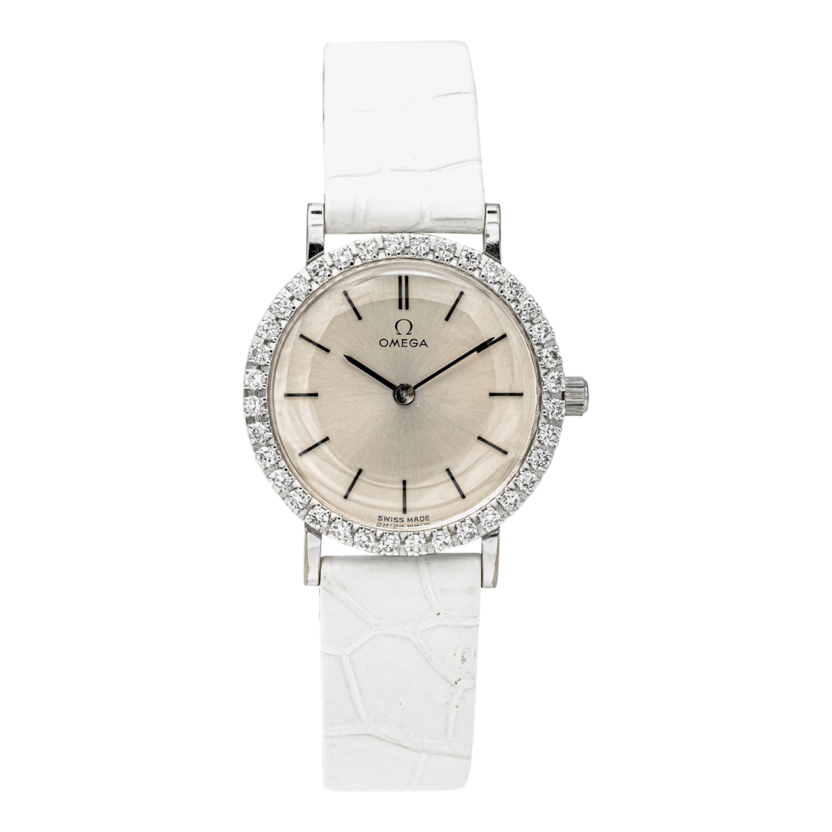 Montre OMEGA en or blanc, acier, cuir et diamant - Castafiore