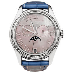 Montre PATEK PHILIPPE "Annual Calendar" en or blanc, cuir et diamants - Castafiore