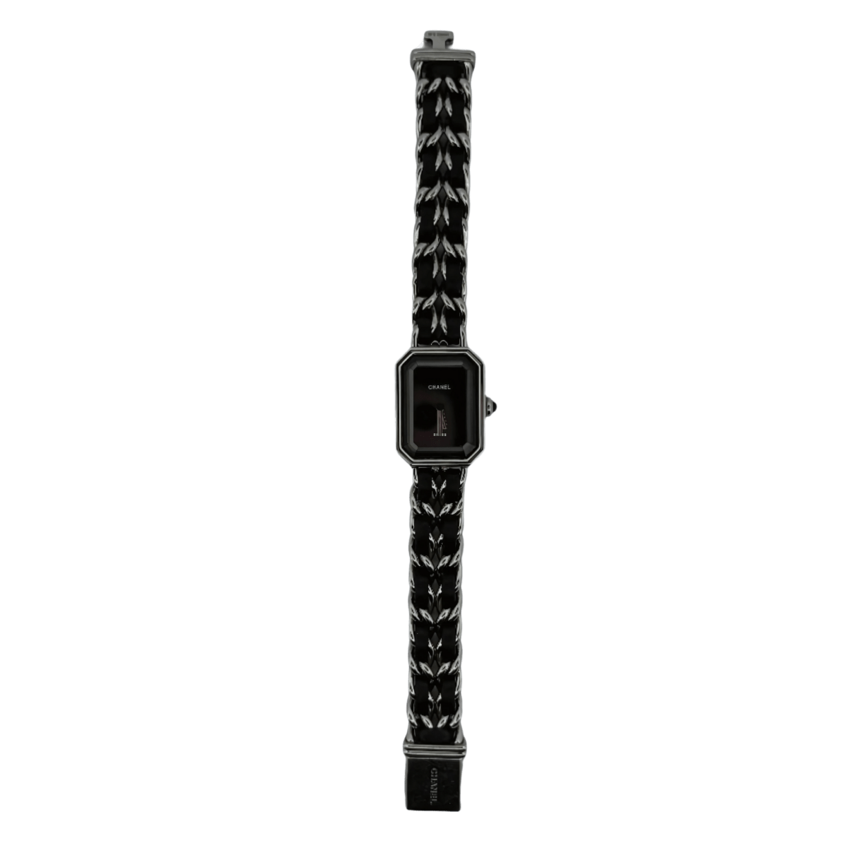 CHANEL “Première” Quartz watch in steel and black leather – Castafiore