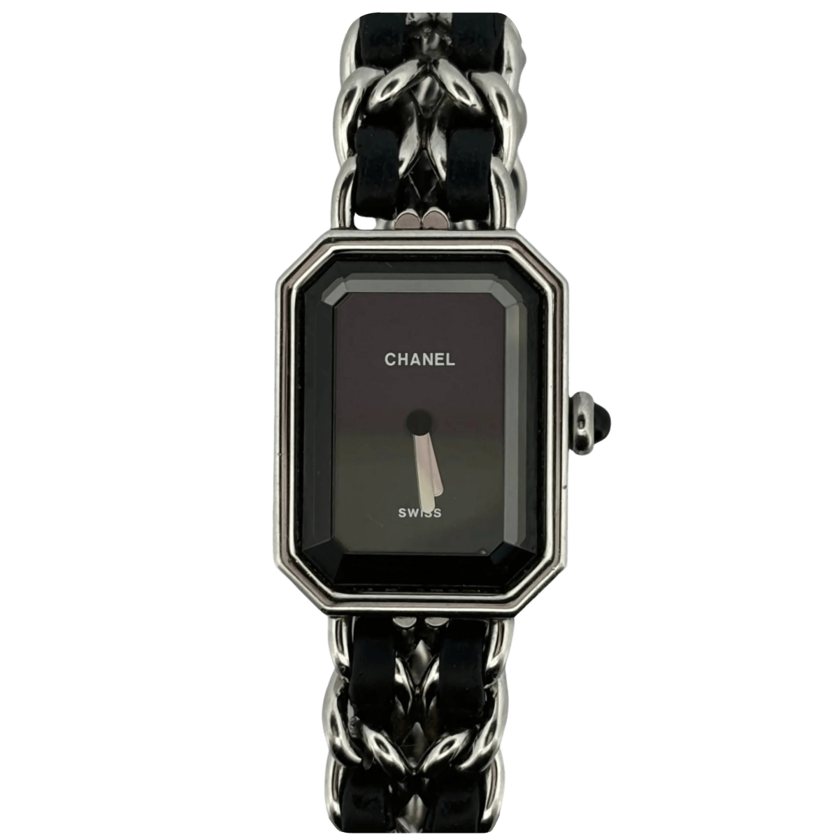 CHANEL “Première” Quartz watch in steel and black leather – Castafiore