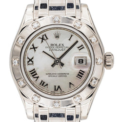 Montre ROLEX "Datejust Pearlmaster" en or blanc, nacre, saphir et diamants - Castafiore